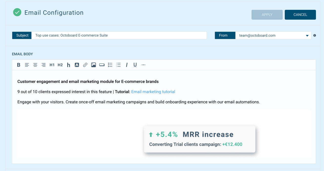 ”Características de marketing por correo electrónico en Octoboard”